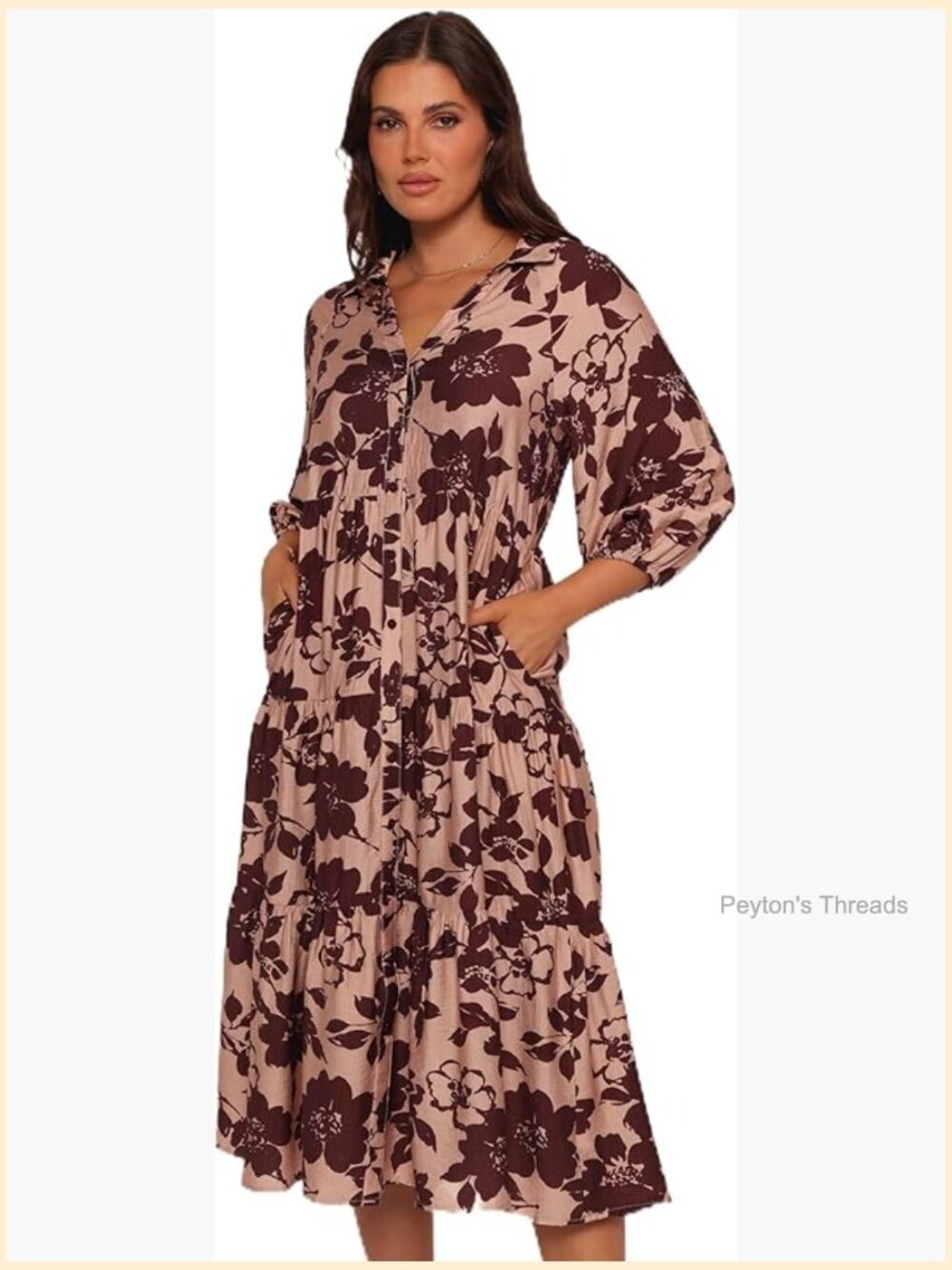 Cotton Polyester A-Line Maxi Dress V-Neck Elbow Sleeve Button